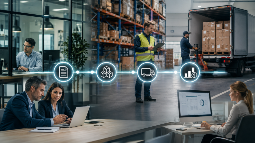 Distribution team reviewing quote-to-cash workflow visibility across quoting, inventory, fulfillment, accounting, and payment operations