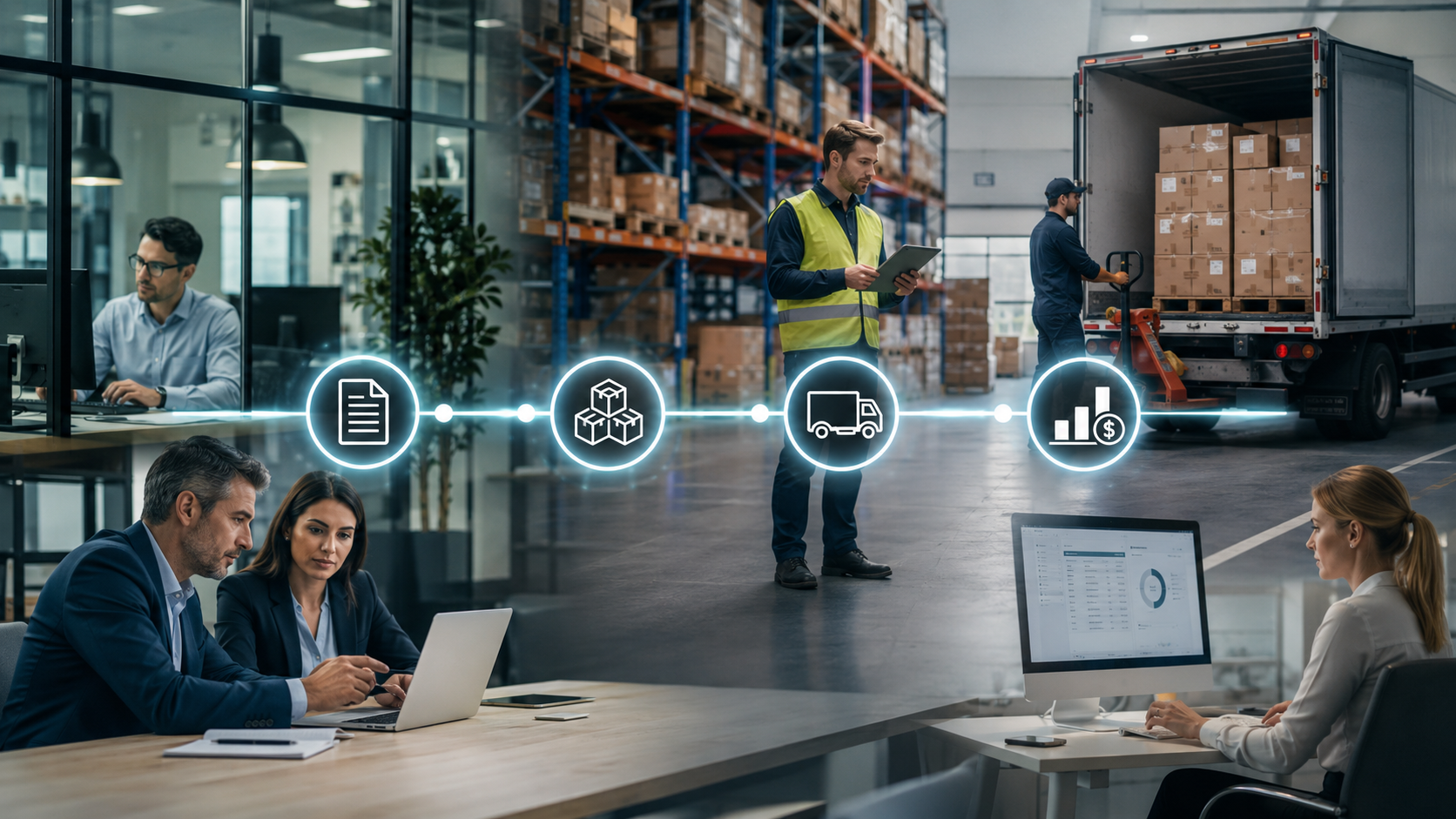 Distribution team reviewing quote-to-cash workflow visibility across quoting, inventory, fulfillment, accounting, and payment operations