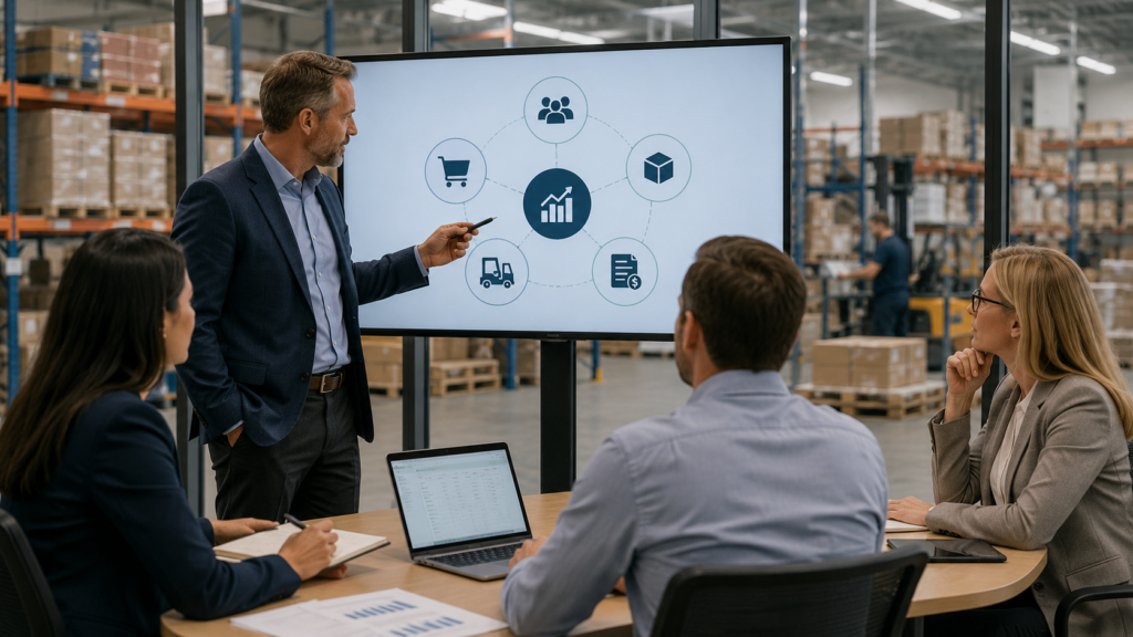 Operations leaders reviewing integrated ERP system data for wholesale distribution and manufacturing workflows