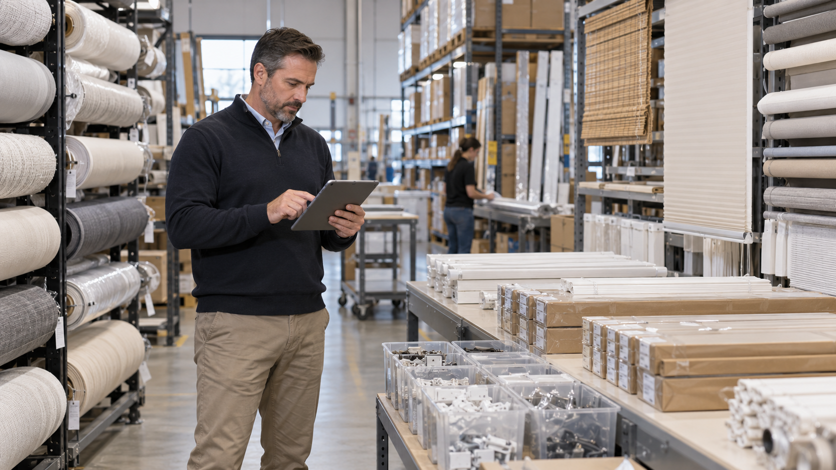 Window treatment distributor reviewing fabric and component inventory using an ERP system